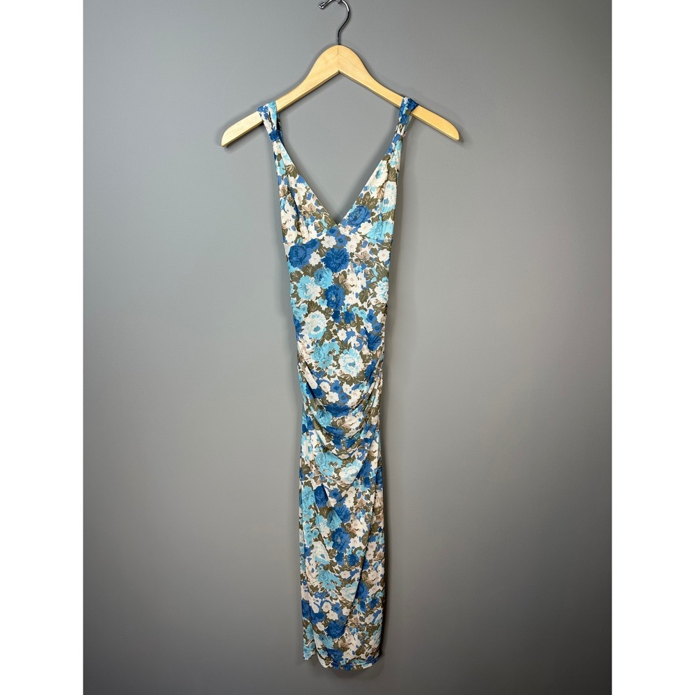 Free People Floral Mesh Dress Womens XS Blue Ruched V-Neck Midi NWT